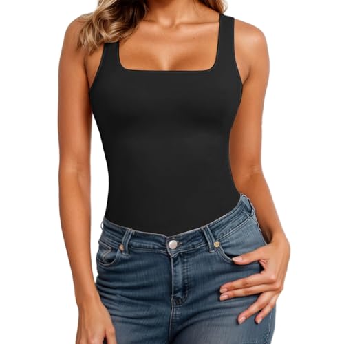 Generisch Débardeur de compression sans coutures avec col carré pour femme - T-shirt minceur pour entraînement gainant, Noir , L