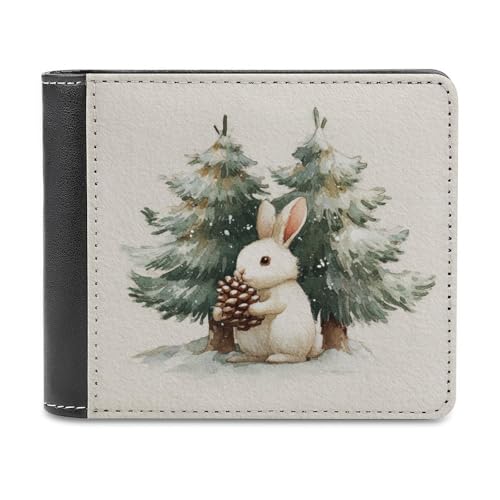 White Rabbit Holding Pine Cone Watercolor Soft PU Leather Bifold Wallet, Coin Purse Credit Pass Case, Durable Card-Holder Slim Billfold for Men Woman Money Storage