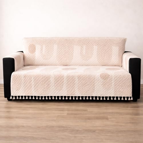 Image of House of Quirk IKATRA Series Quilted Printed Sofa Cover for Indian Sofa Set with Side Pocket - Premium Washable, Anti-Slip, Durable & Ultra Soft Fabric Protector (Beige Loom, Two Seater)