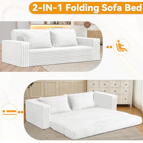 Image of HABUTWAY 78 inch Loveseat Boneless Couch, 4-in-1 Convertible Sofa Bed, Plush Fur Folding Futon Sofa Bed Couches with 2 Pillows for Living Room, High-Density Foam Support, No Assembly Required, Beige