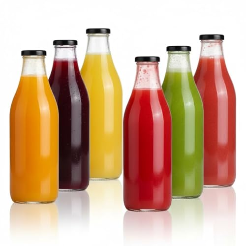 Image of Glassbunny Glass Water Bottle with Airtight Black Lid 1000ML Transparent Glass Bottle for Juices, Drinks, Milk, Shakes, Water Leak Proof Pack of 6