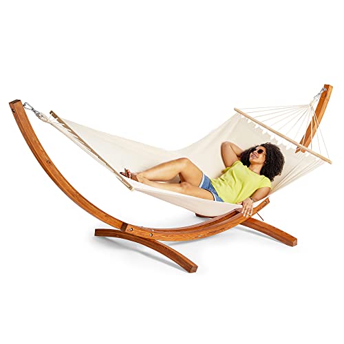 VonHaus Hammock with Frame – 1 Person Hammock with Stand - Natural Larch Wood Stand, Curved Wooden...