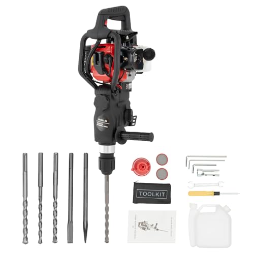 2 Stroke Gas Powered Demolition Jack Hammer, 32.6CC 1000W 3 in 1 Hammer Drill for Concrete 30J Impact Energy Gas Powered Concrete Breaker with Pointed & Flat Pickaxes for Trenching Chipping