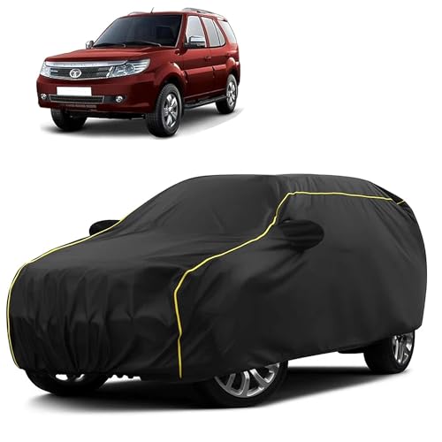 Image of Sulfar 100% Water Resistant Car Body Cover Compatible with Mirror for Tata Safari Storme (Triple Stitched, Full Bottom Elastic, Black Taffeta with Yellow Piping)
