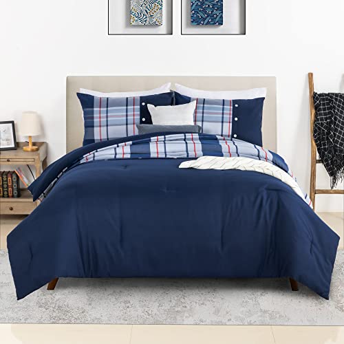 Rosecret Queen Size Yarn-Dyed Plaid Comforter Set With Unique Splicing And Button,3Pcs Soft Microfiber Bedding Set Including 1 Comforter And 2 Pillowshams(Blue&Twill) #TOP12