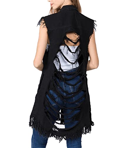 SOMTHRON Women's Distressed Ripped Sleeveless Mid Long Denim Jacket Button Up Jean Vest Cardigan Coats Waistcoat2