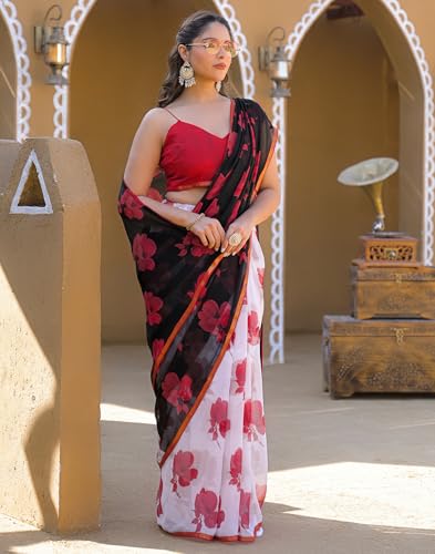 Image of SIRIL Women's Chiffon Printed Saree With Unstitched Blouse Piece