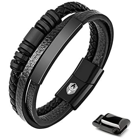 Leather Bracelet, Mens Braided Leather Cuff Bracelets for men, Cowhide Braided bangle, punk wristband, 7.5-8.7 Inches, with Stainless Steel Magnetic Clasp & Premium Gift Box, 8.9, stainless steel Cover