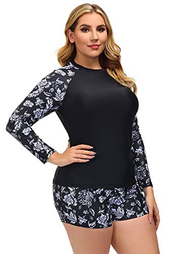 Women's Uv Sun Protection Long Sleeve Rash Guard Swimsuit Top With Bottom Black 22W #TOP3