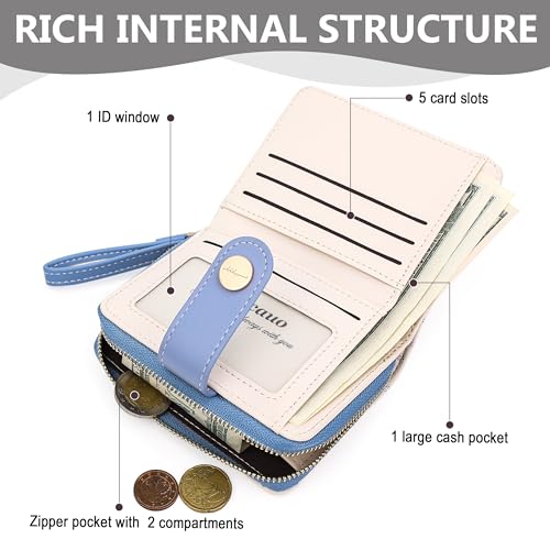 Image of Farcauo Cat Pattern Wallet for Women and Ladies Small Cute Kawaii Blue Coin Purse with ID Window and Credit Card Holder Compact Wallet for Women and Ladies