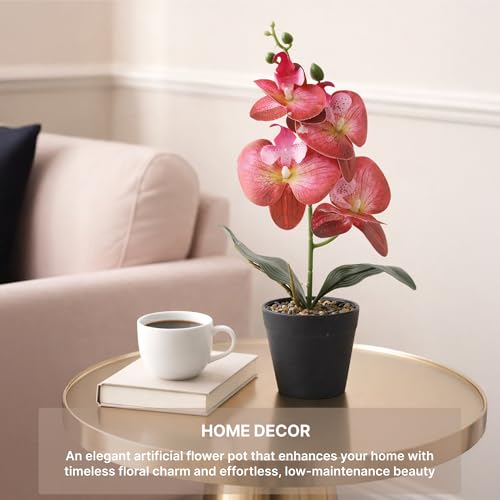 Image of Habere India-All the Cultures Fabricating India Red Orchid Artificial Plant with Pot for Home Decor | Small Fake Plant for Living Room & Indoor Decoration (Design05: L9 x W9 x H32 cm)