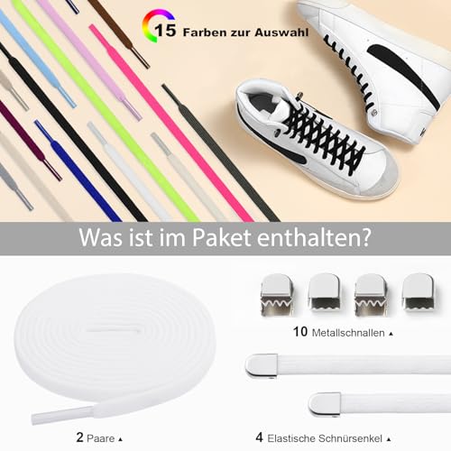 Stepace 2 Paar Elastische Schnürsenkel ohne Binden - 6mm Flache Gummibänder mit Kapselverschluss, Schnellschnürsystem für Sneaker & Sportschuhe, No Tie Laces Kinder Erwachsene Weiß 120