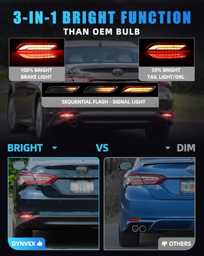 Image of LED Rear Bumper Reflector Light Compatible with Camry 2018-2024, [Play & Plug] Not Wiring [IP67 Waterproof], Red LED Tail Brake Rear Fog & Sequential Turn Signal Lamps, 2 PCS, Smoked Lens