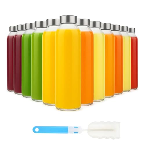 [12 Pack]18 oz Glass Water Bottles with Lids, Juice Bottles, Clear glass juice bottle for juicing, Eco-Friendly Reusable Glass Juicing Bottles with Stainless Steel Lid, BPA Free,Leak-Proof