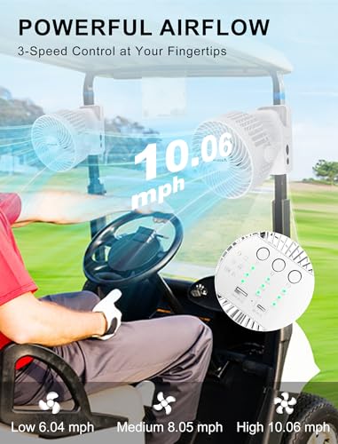 Magnetic Clip on Fan for Golf Cart, 12000mAH Battery Operated Portable Fan with 3 Speeds, LED Lantern, Magnetic Base, Suitable for EZGO Club Car Yamaha, Golf Cart & Cruise Ship Accessories — view 2