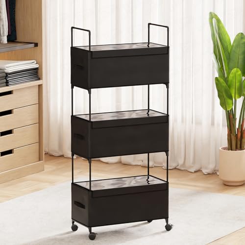 Image of Lukzer 3-Tier Clothes Organizer Basket with Wheels | Fabric Closet Storage Rack for Folded Clothes | Metal Rolling Wardrobe Shelf for Bedroom Closet & Laundry Room (Black /28x57x136 cm)