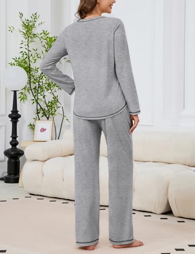 Image of KCW Womens Pajamas Sets 100% Cotton 2 Piece Lounge Set Long Sleeve Tops and Pants Soft Pjs Sleepwear with Pockets