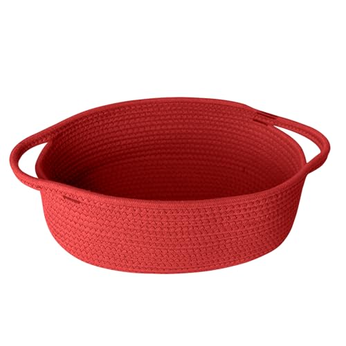 Image of Small Woven Gift Basket, Baskets for Gifts Empty, Cotton Rope Cat Dog Toy Box, Nursery Baby Bin, Wicker Basket with Handles, Shelf Storage and Home Decor, Red, 12 inchx 8 inchx 5 inch