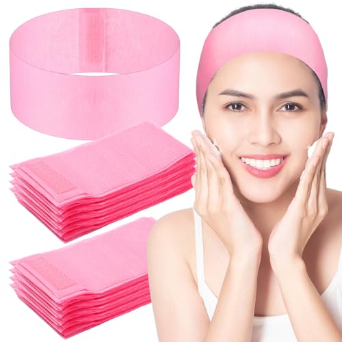 Juinte 300 Pieces Disposable Spa Facial Headbands Bulk Pink Stretch Non-woven Headband Soft Skin Care Hairband with Convenient Closure for Women Salons Esthetician Yoga Sport Supplies