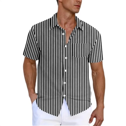 Image of Short Sleeved Shirts for Men Adult, Mens Summer Shirts UK Sale Clearance Striped Printed Regular Fit Casual Shirt Button Down Turn-Down Collar Tops Holiday Beach Shirt with Pocket Black
