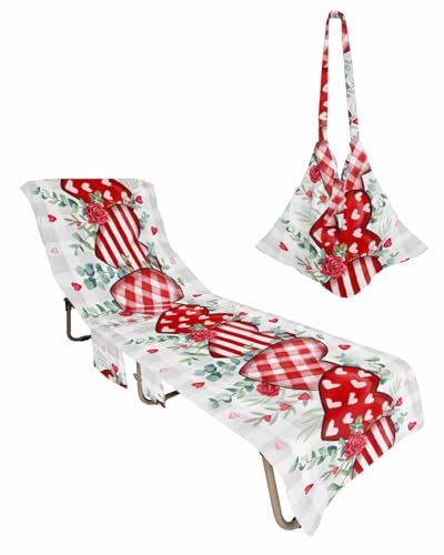 Valentine Beach Lounge Chair Towel Cover, Soft Chaise Lounge Towel with Side Pockets Patio Pool Chairs Cover for Beach/Pool Sunbathing 29x85 Red Love Heart Grey Plaid Eucalyptus Leaves