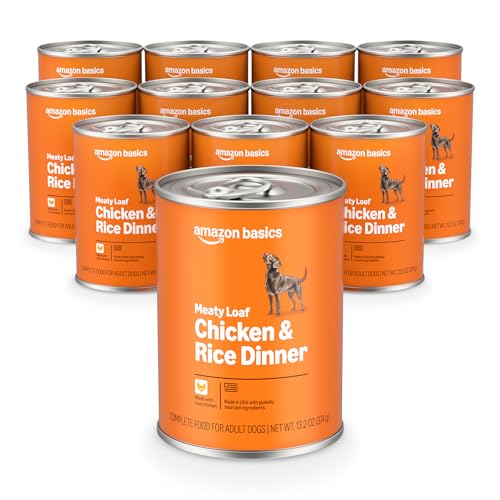 Amazon Basics Wet Dog Food, Meaty Loaf, Chicken & Rice Dinner, Made with Real Chicken, 13.2 oz can (Pack of 12)