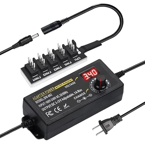 Delinx 60W 12V PC Fan Power Supply, 3-pin 4-Pin Computer Cooler Fans Speed Controller, LED Lighting Brightness Cotnrol, 1 to 5 Way Splitter Cable,100-240vAC to 3-12vDC 5A Adjustable Fan Adapter Cover