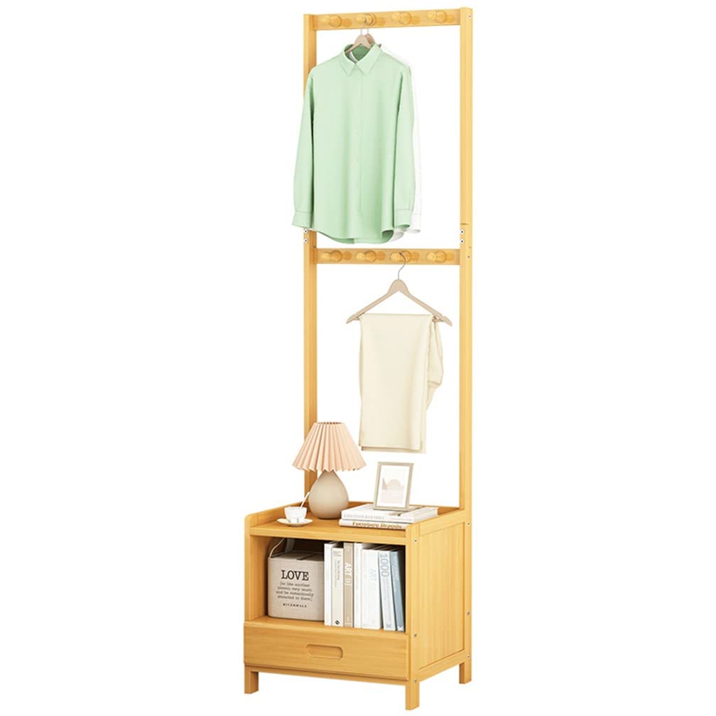 FGXHHS Multifunctional 2-in-1 Bamboo Coat Rack & Bedside Table with Drawers, Shelves, Ra Hooks for Bedroom Storage nization - Stylish Space-Saving Solution