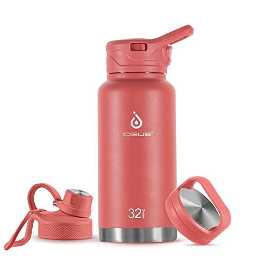 IDEUS Insulated Stainless Steel Water Bottle with 2 Leak-Proof Lids, Thermal Water Flask for Hiking Biking, 32oz, Red