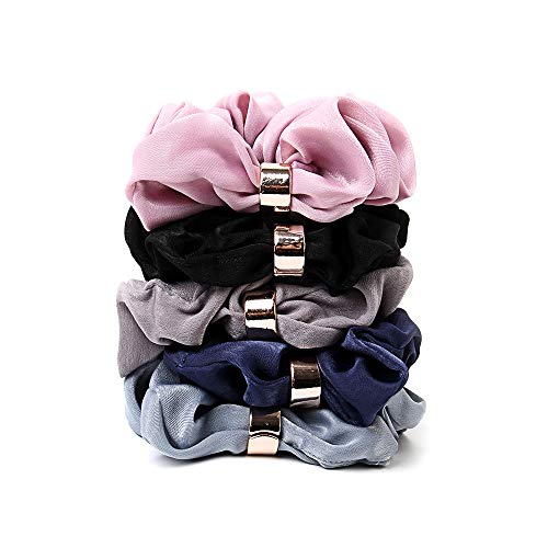 Jasonsy 5 Pcs Solid Color Large Chiffon Hair Scrunchies Women's Hair Ponytail Holder Bobbles Elastic Scrunchy Hair Bands Ties Ropes Scrunchie - 5 Assorted Colors Scrunchies