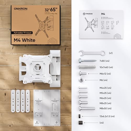 ONKRON Full Motion TV Wall Mount for 32-65 Inch TVs up to 77 lbs, Adjustable TV Mount Swivel and Tilt, Extension Arm, max VESA 400x400 Articulating Corner Television Mount Bracket, Single Stud White