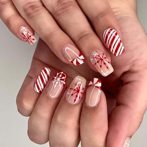 24Pcs Press on Nails Short Square Nail Tips Red Fake Nails Press ...