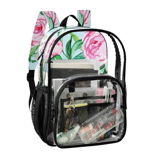 Clear Bag for Women Travel Kids Girls Backpack Boys Approved See through Bag Watercolor Pink Peony Flower2