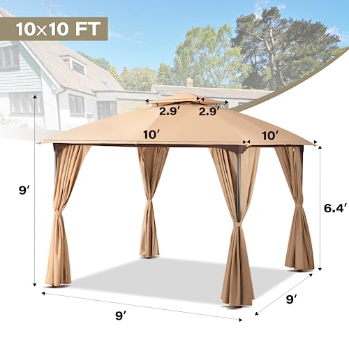 10'x10' LAUSAINT HOME Arc Double-Tier Roof Gazebo Canopy w/ Curtains (Khaki) - image 3