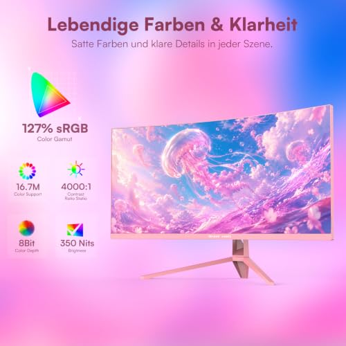 Great voell 34 Zoll Curved Gaming Monitor Pink, UWQHD, FreeSync – Ansicht 4