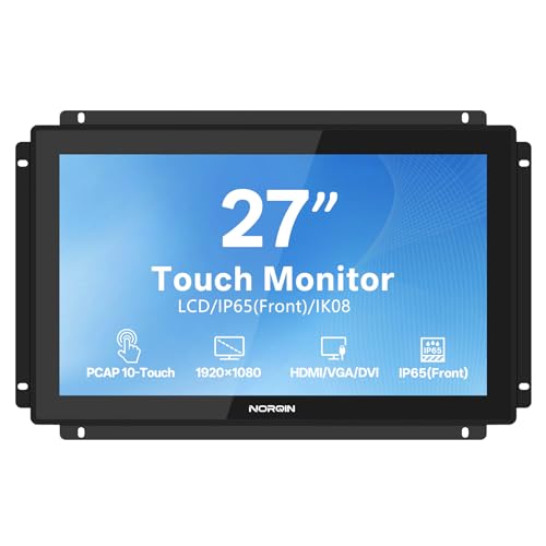 Image of 27 Inch Industrial Touchscreen Monitor, Open Frame 1920x1080 IP65, IPS, LCD Display with 10-Point Capacitive Touch, HDMI VGA DVI USB, VESA Mount Rugged Screen for POS, Kiosk, HMI, Automation