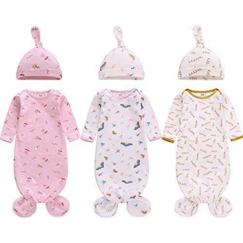 Newborn Knotted Nightgown Long Sleeve with Matching Hat Set 3 Pack, Cotton Baby Sleeper Gowns Sleeping Bags Home Outfits Set with Mitten Cuffs for Boys Girls (Symbol + Butterfly + Flower, 6-12 Months) Newborn Knotted Nightgown Long Sleeve with Matching Hat Set 3 Pack, Cotton Baby Sleeper Gowns Sleeping Bags Home Outfits Set with Mitten Cuffs for Boys Girls (Symbol + Butterfly + Flower, 6-12 Months)