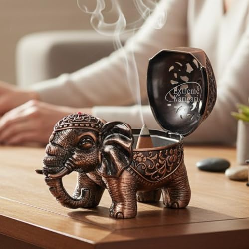 Image of Trunk Down Elephant Incense Cone and Loban Burner, Copper Finish, Handcrafted, Decorative Figurine with Lid, Home Decor, Dhoop Batti and Dhuni Holder for Temple, Meditation