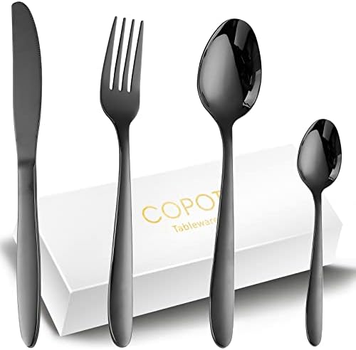 Cutlery Set Black for 6 People,COPOTI 24 Piece Stainless Steel Modern Knife Fork Spoon Dinner Set,Dishwasher Safe Flatware.