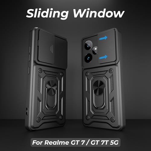 Image of A rtistque Armor Bumper Back Case Cover for Realme GT 7 5G / Realme GT 7T 5G| Stylish Ring Holder & Inbuilt Stand | Sliding Camera Cover | TPU Protective Design | Realme GT 7 Back Cover - Black