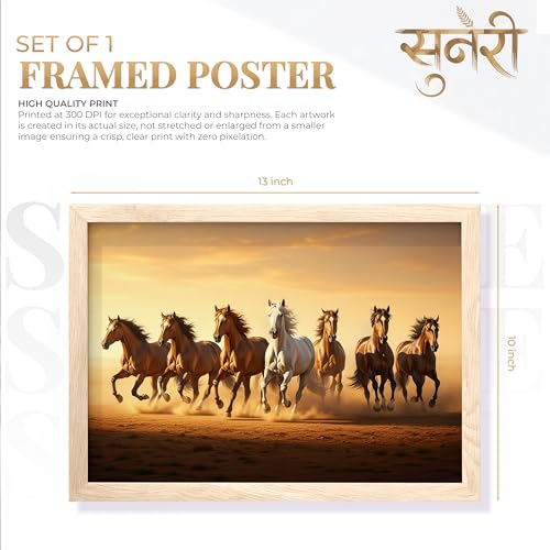 Image of 7 White Horse Vastu Wall Painting - Running Horses Golden Sunrise Desert Framed Wall Art for Living Room & Office Decor (Natural, Design 04, 10x13 Inch)