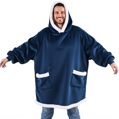 Bedsure Sherpa Wearable Blanket Hoodie, Navy Oversized