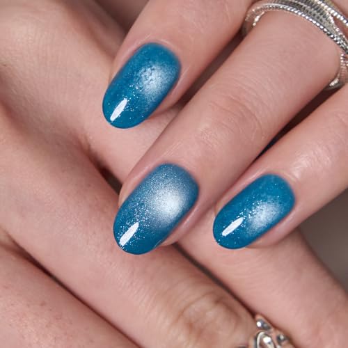 Image of CurvLife Short Oval Press On Nails, Blue, Lagoon Glow, Soft Gel