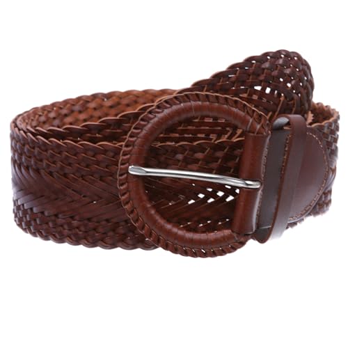 2 Inch Wide Genuine Leather Braided Woven Round Belt, Tan | M/L - 36
