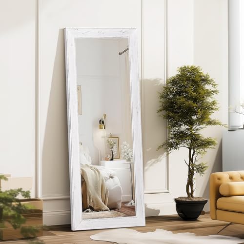 Image of 58x22in Full Length Mirror, Rustic White Beveled Wood Frame