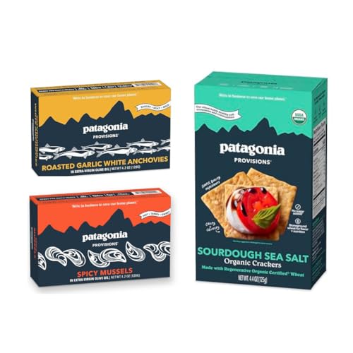 Patagonia Provisions Gourmet Crackers & Seafood Starter Pack | (1) Sourdough Sea Salt Crackers, (1) Roasted Garlic Anchovies, (1) Spicy Mussels - image 1