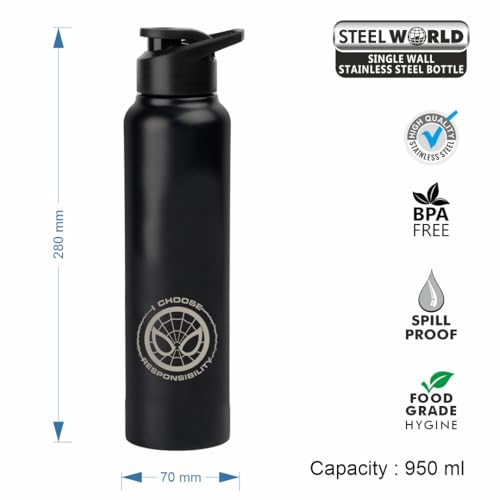 Image of SKI Sprint Stainless Steel Sipper Water Bottle with Laser Print, for School, Office, Gym, Home, Travel | AdultS &Teens | 950 ML, Leakproof, Rust free | Character Merchandise SPIDERMAN