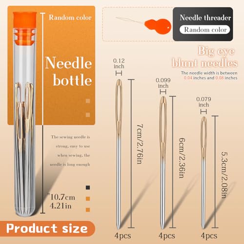 Image of TLKKUE 12 Pcs /3 Sizes Large-Eye Blunt Needles, Steel Yarn Needle with Needle Threader, Tapestry Needle for Sewing Crochet Knitting Embroidery (Gold 2.08in /2.36in /2.76in)