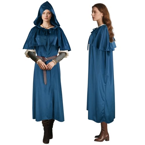 Mittelalter Umhang mit Schulterpanzer & Verstellbarem Gürtel 3-in-1 Kapuzenumhang Renaissance Kleidung für Herren und Damen Vielseitiges Kostüm für Hexen, Piraten, Cosplay (LARP, Hobbit), Halloween