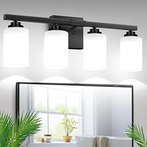4-Light Bathroom Light Fixtures, 27″ Modern Vanity Lights Over Mirror with Milky White Glass Shade, Matte Black Light Fixture, Classic Wall Light Fixture for Mirror Living Room Cabinet Bedroom Porch